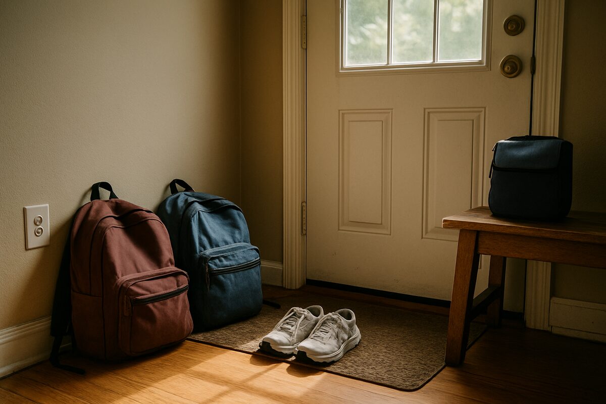Two school backpacks lean by a front door next to sneakers on a mat and a lunch bag on a bench, in morning light