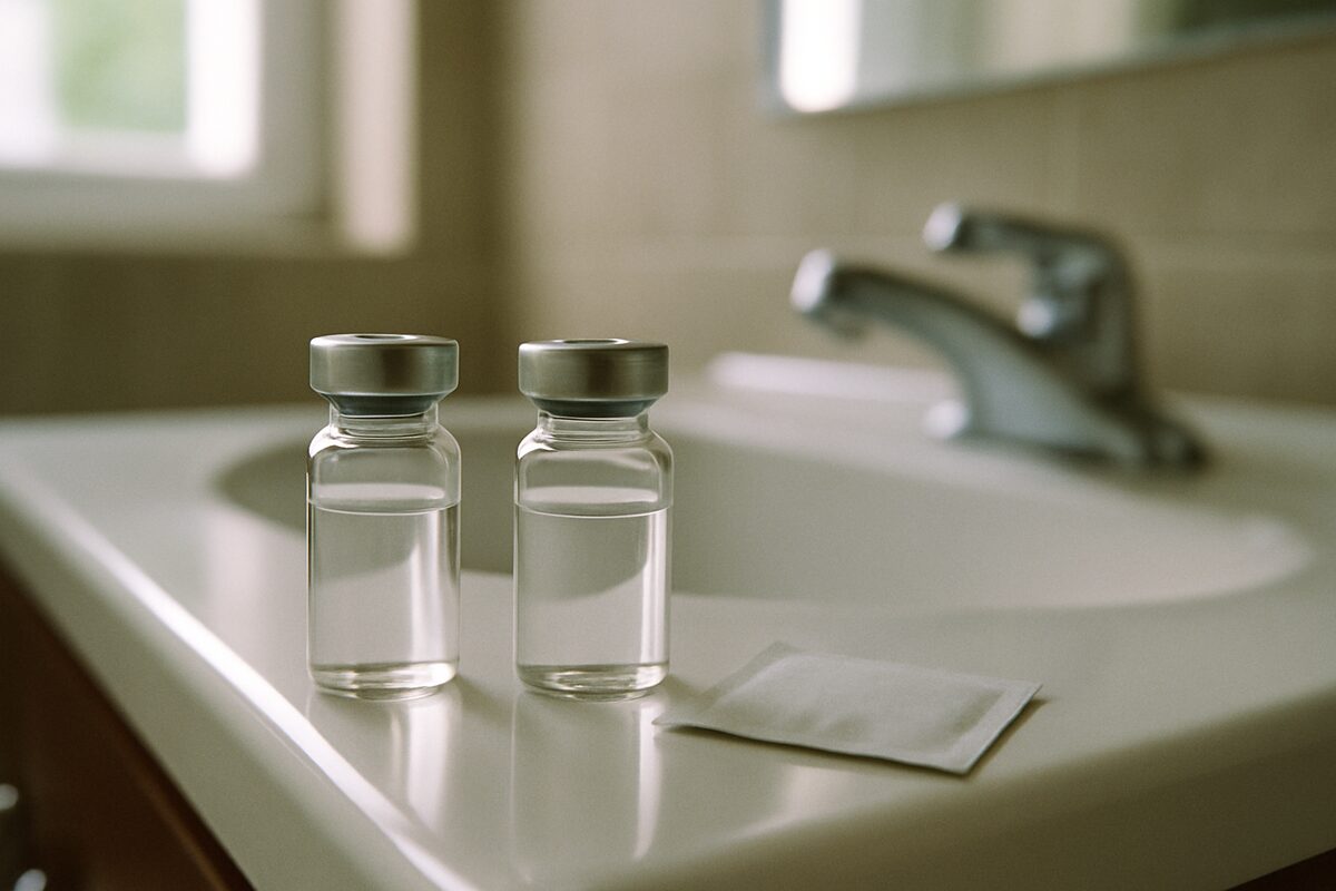 Two unlabeled clear glass vials with silver crimp caps standing on a bathroom sink counter beside a face-down swab sachet