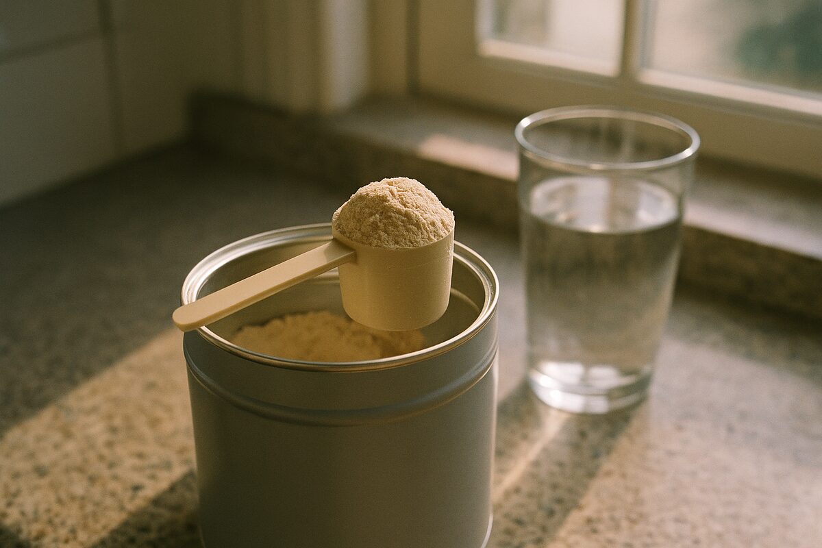 A scoop of unflavoured beige powder resting on the rim of an open canister on a kitchen counter beside a glass of water, morning light from a window