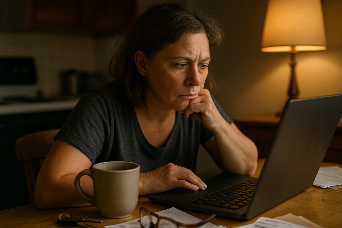 A woman reading from a laptop at a kitchen table in the evening
