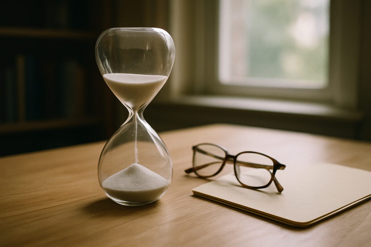 An hourglass with white sand on a light wooden desk beside folded reading glasses and a closed plain folder