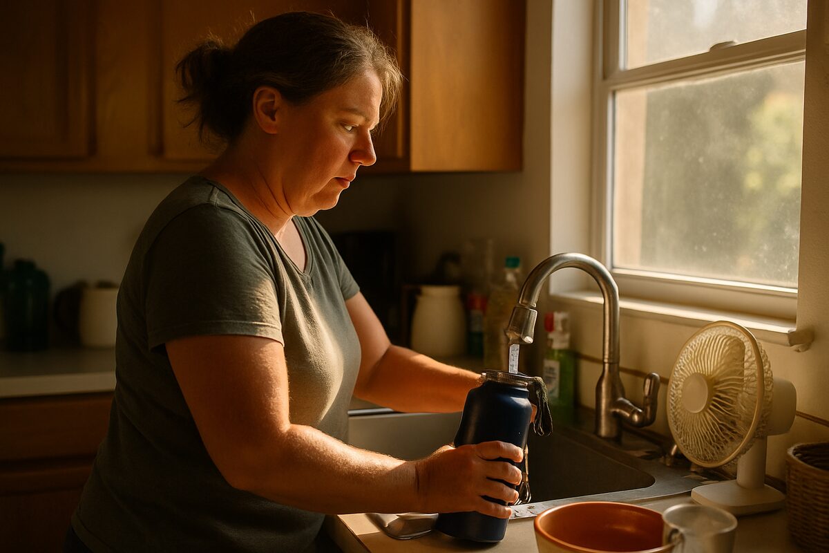 A woman filling a water bottle at a kitchen sink, with a small electric fan in the window