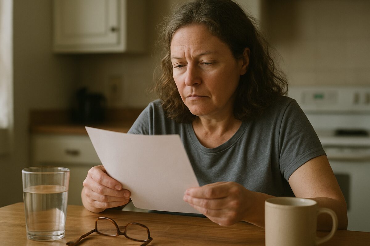 A woman in her fifties sits at a kitchen table in daylight, reading a sheet of paper, with a glass of water and a mug beside her