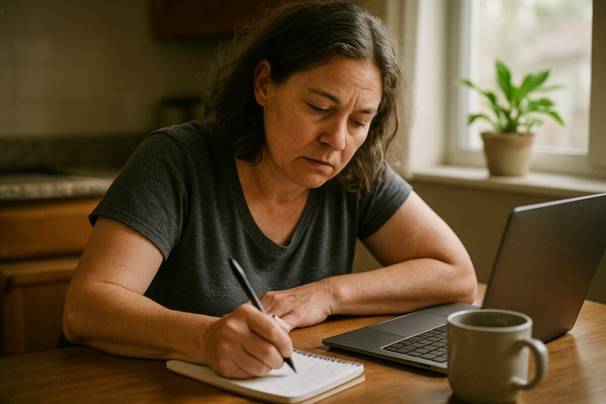 A woman in her forties sits at a kitchen table in morning light, writing notes on a paper notepad beside an open laptop and a mug of coffee