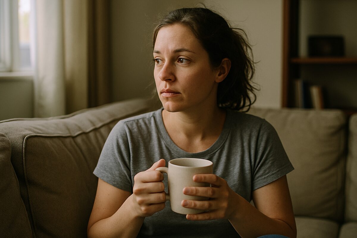 A woman sitting on a sofa at home holding a mug, looking toward a window