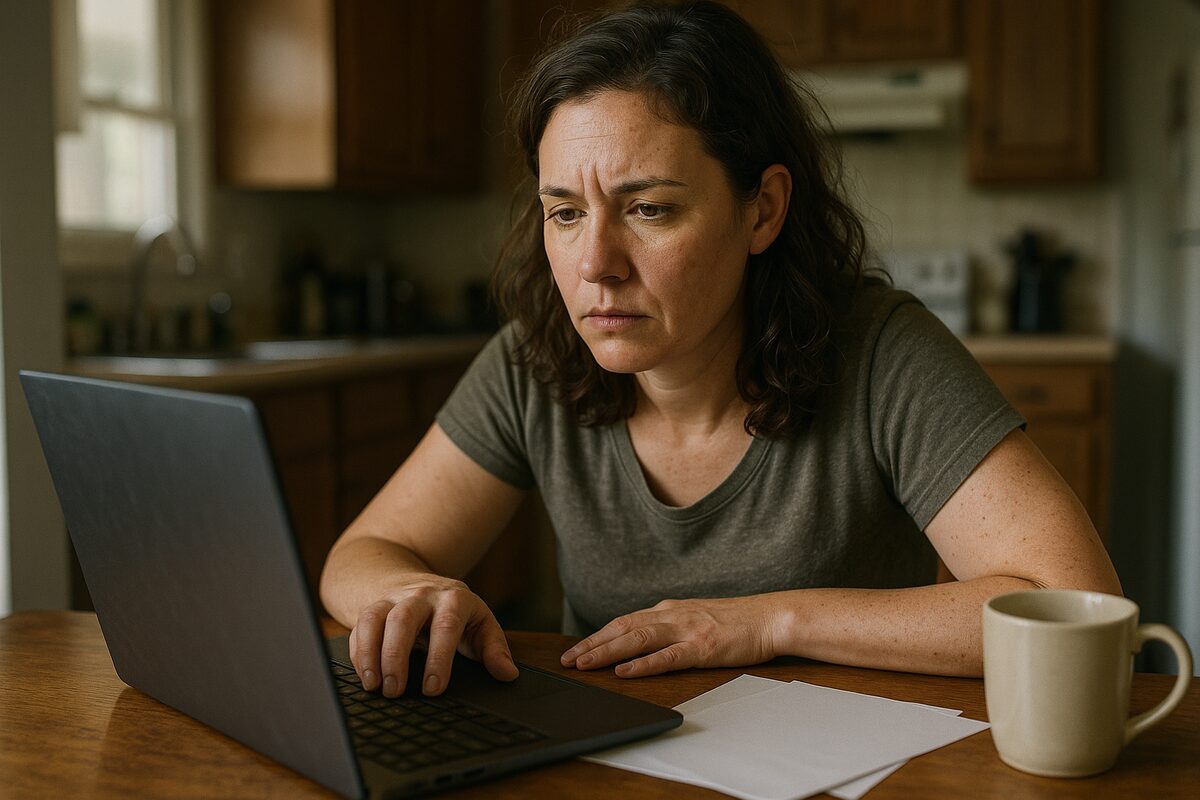 A woman sits at a kitchen table in morning light, looking at an open laptop with blank sheets of paper and a mug beside it.
