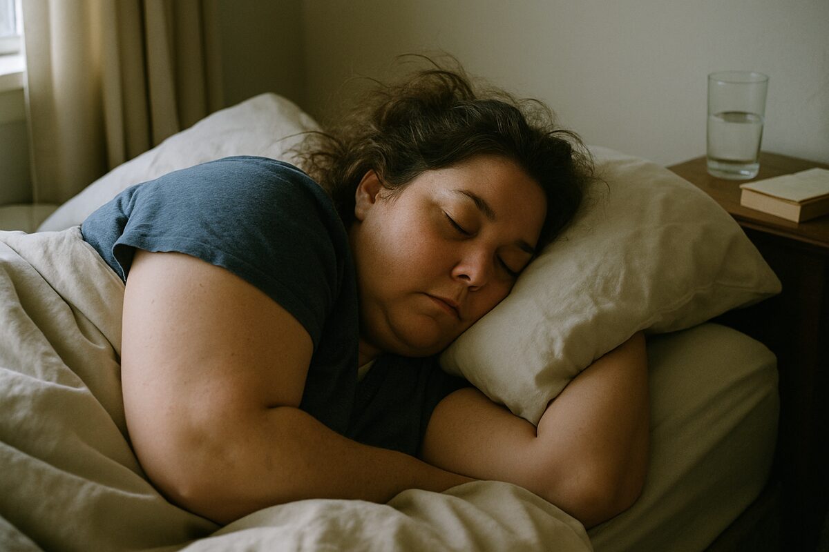 A woman asleep in bed in early morning light.