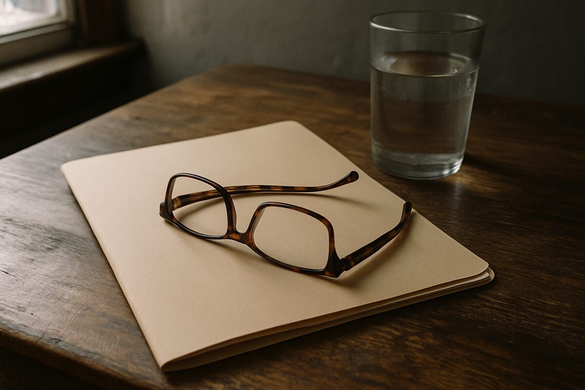 A pair of folded reading glasses resting on a plain closed folder beside a glass of water on a wooden table