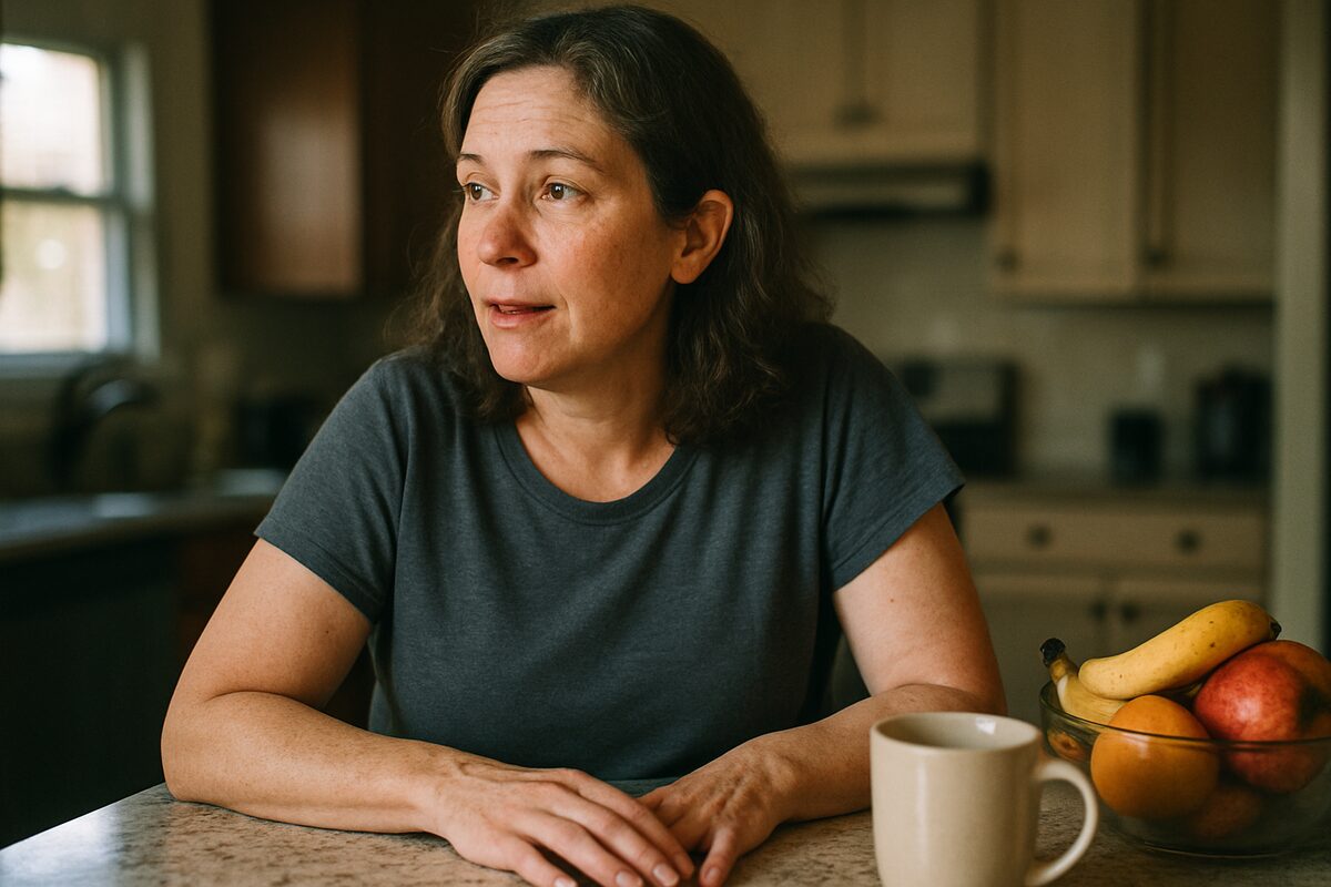 A woman sits at a kitchen counter in morning light, mid-conversation with someone out of frame, a mug and a bowl of fruit beside her.