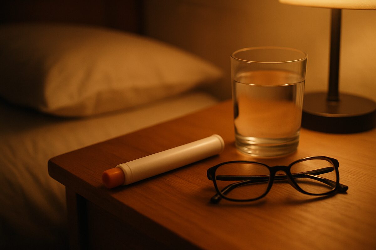 A plain unlabeled white autoinjector-style pen on a wooden bedside table beside a glass of water and folded reading glasses, in warm lamp light