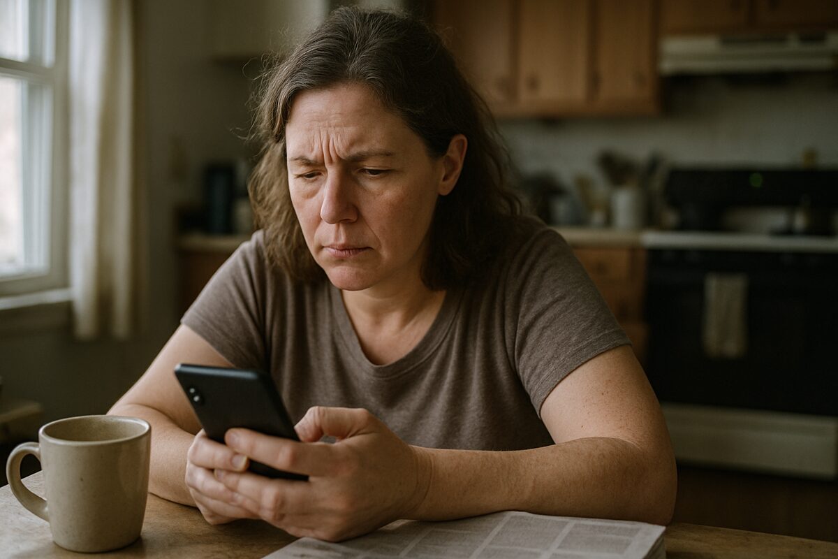 A woman looking at her phone in a kitchen in morning light