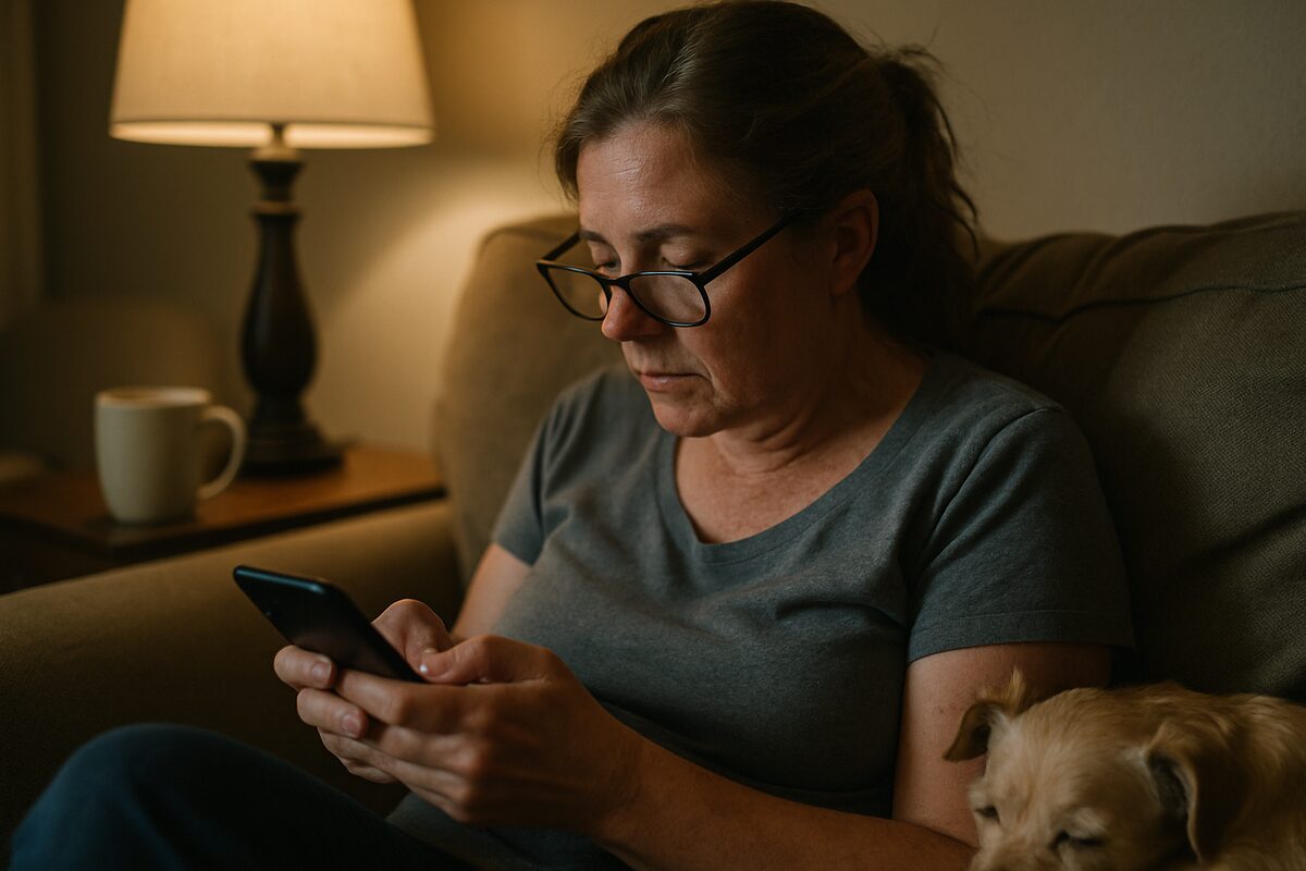 A woman sits on a living-room couch in evening lamp light reading on her phone, a mug on the side table and a small dog asleep beside her