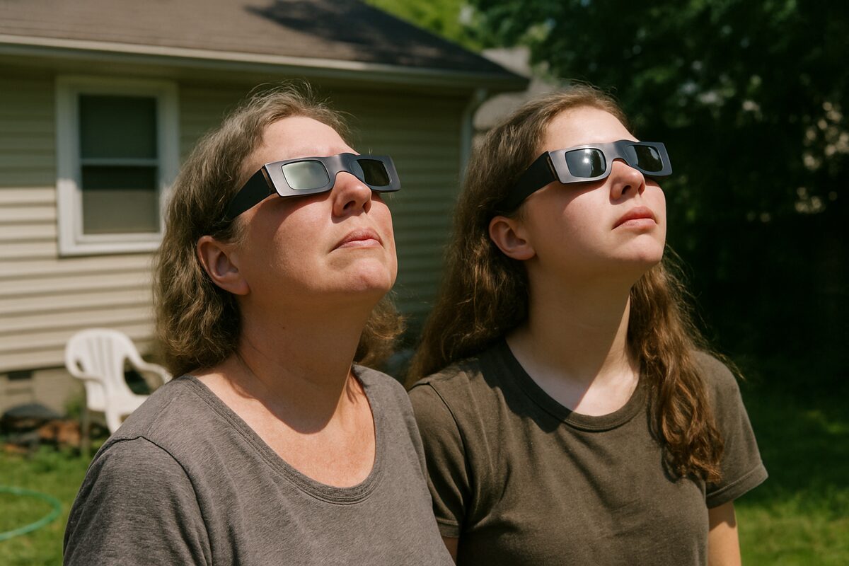 A woman and a teenage girl in a backyard look up at the sky wearing paper solar eclipse glasses