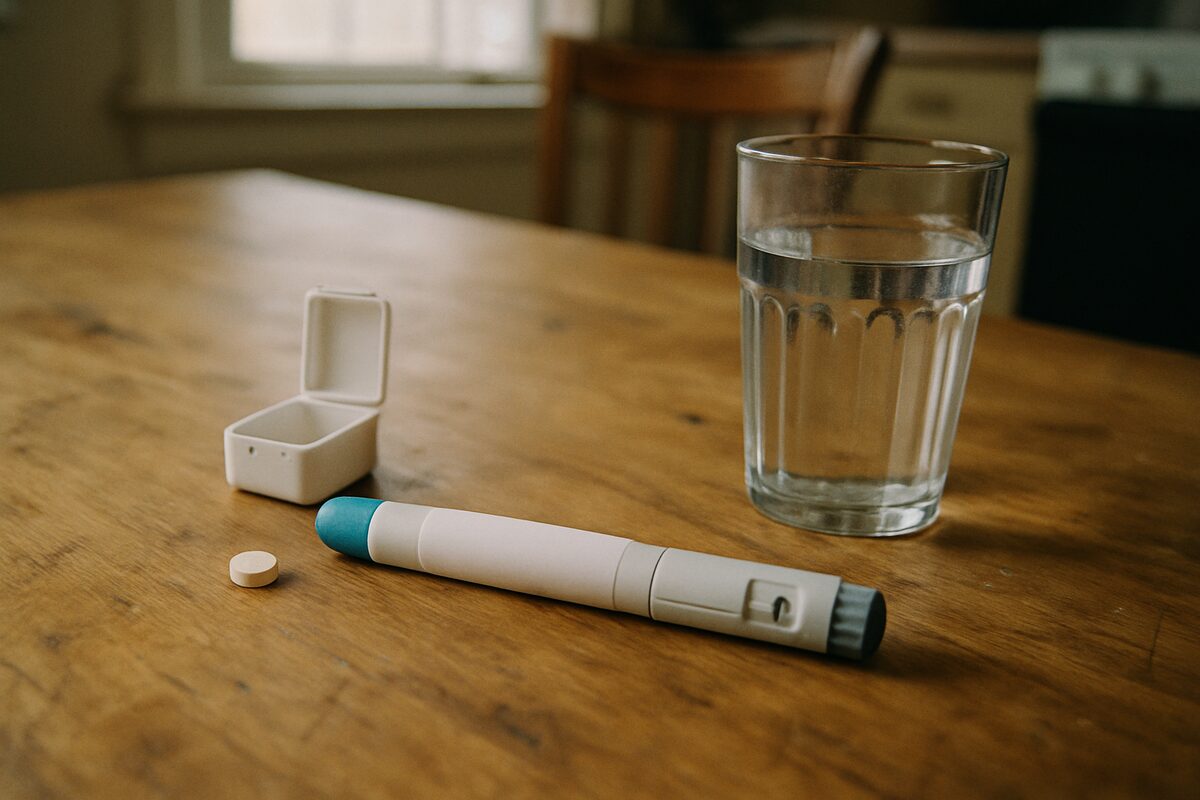 An unbranded injectable medication pen, a small tablet beside a pill case, and a glass of water on a wooden kitchen table