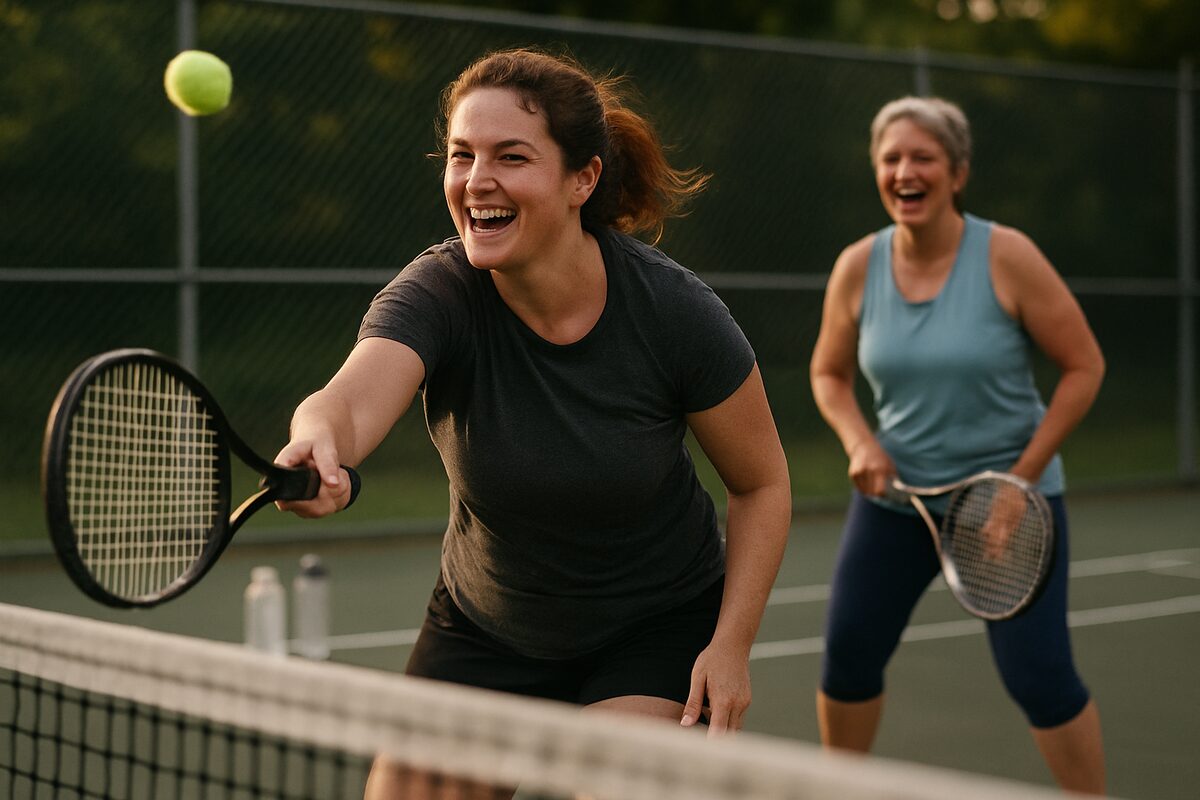 Two women playing recreational tennis on a public hard court in evening light
