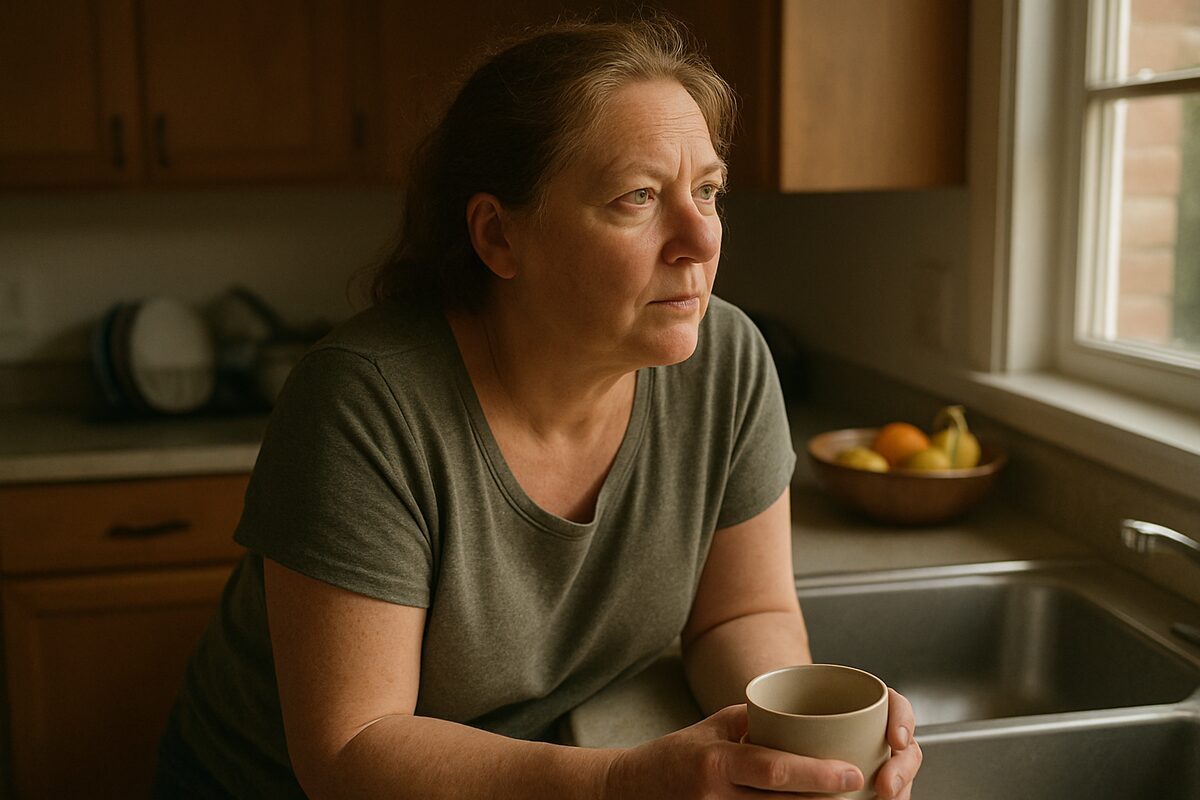 A woman in her fifties leaning on a kitchen counter in late-afternoon light, holding a mug and looking out of the window