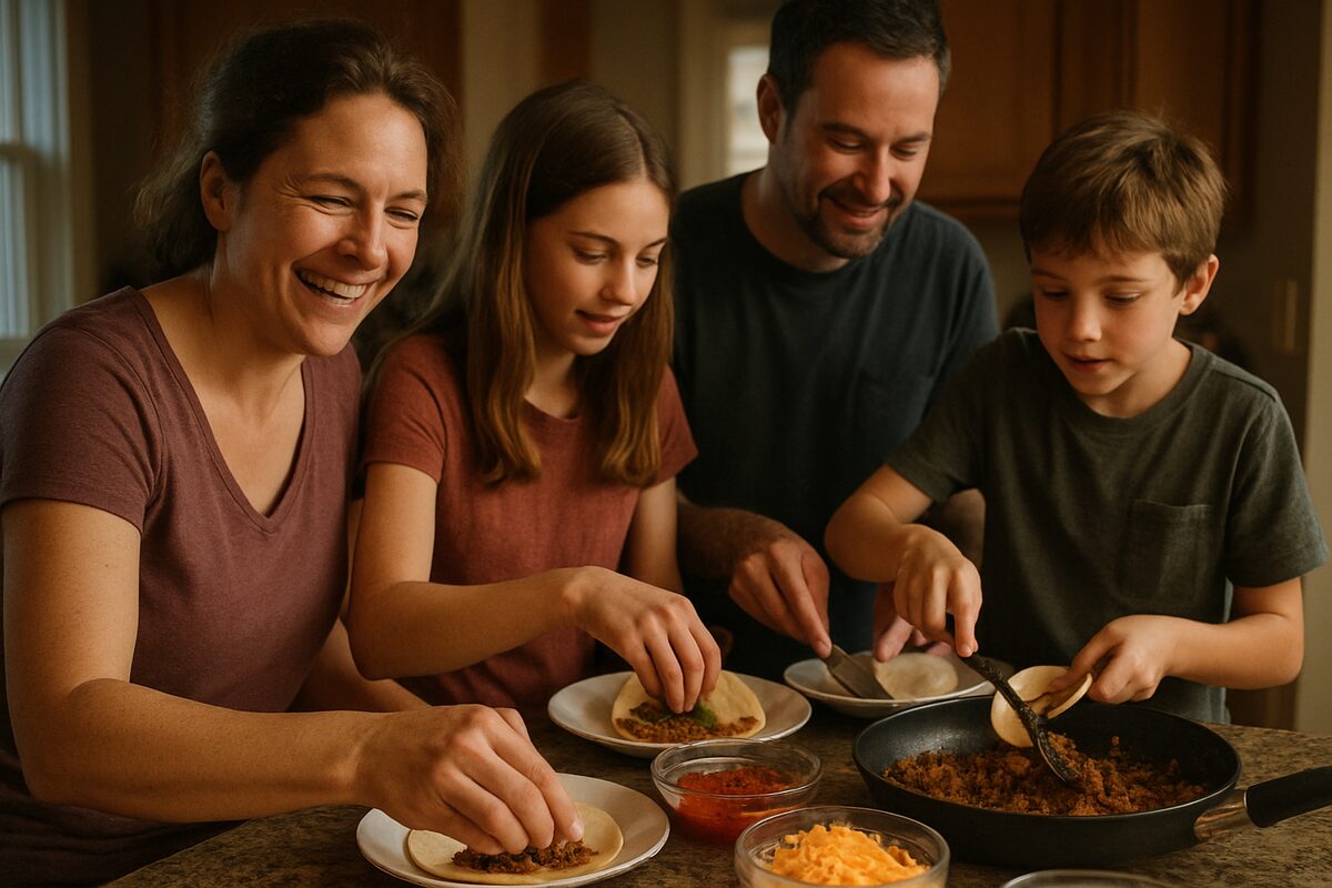 A family making tacos together around a kitchen island