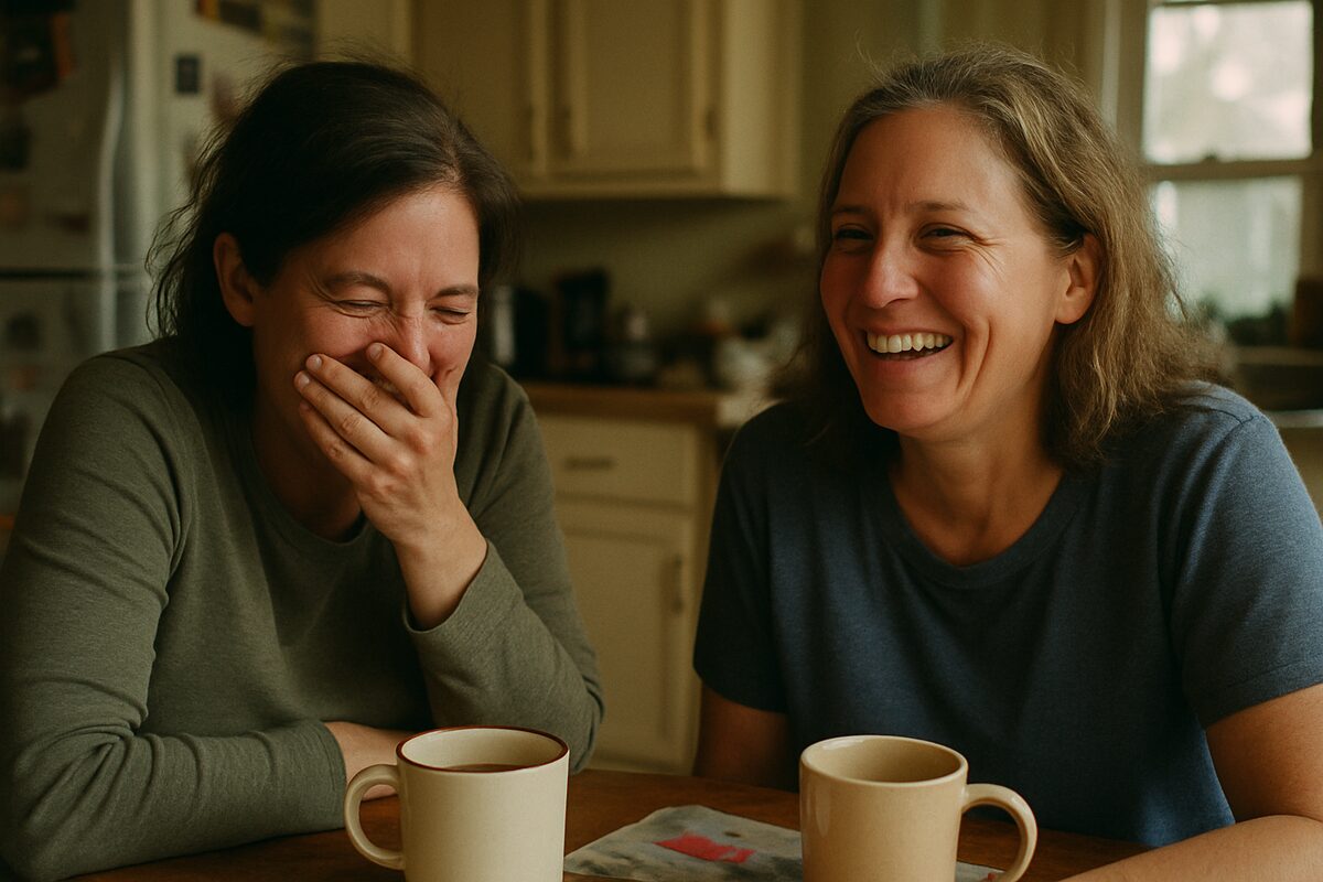 Two women laughing together over coffee at a kitchen table