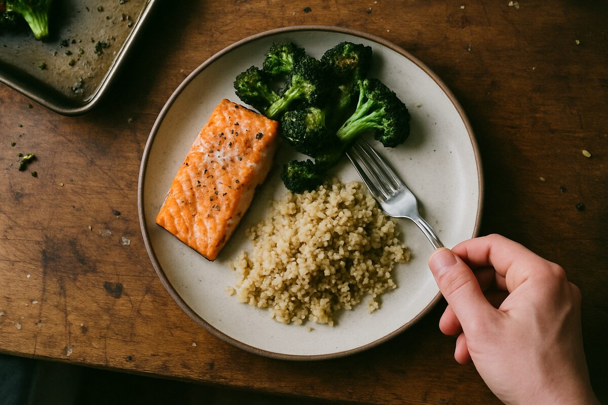 A home-cooked plate of salmon, roasted broccoli and quinoa on a wooden counter
