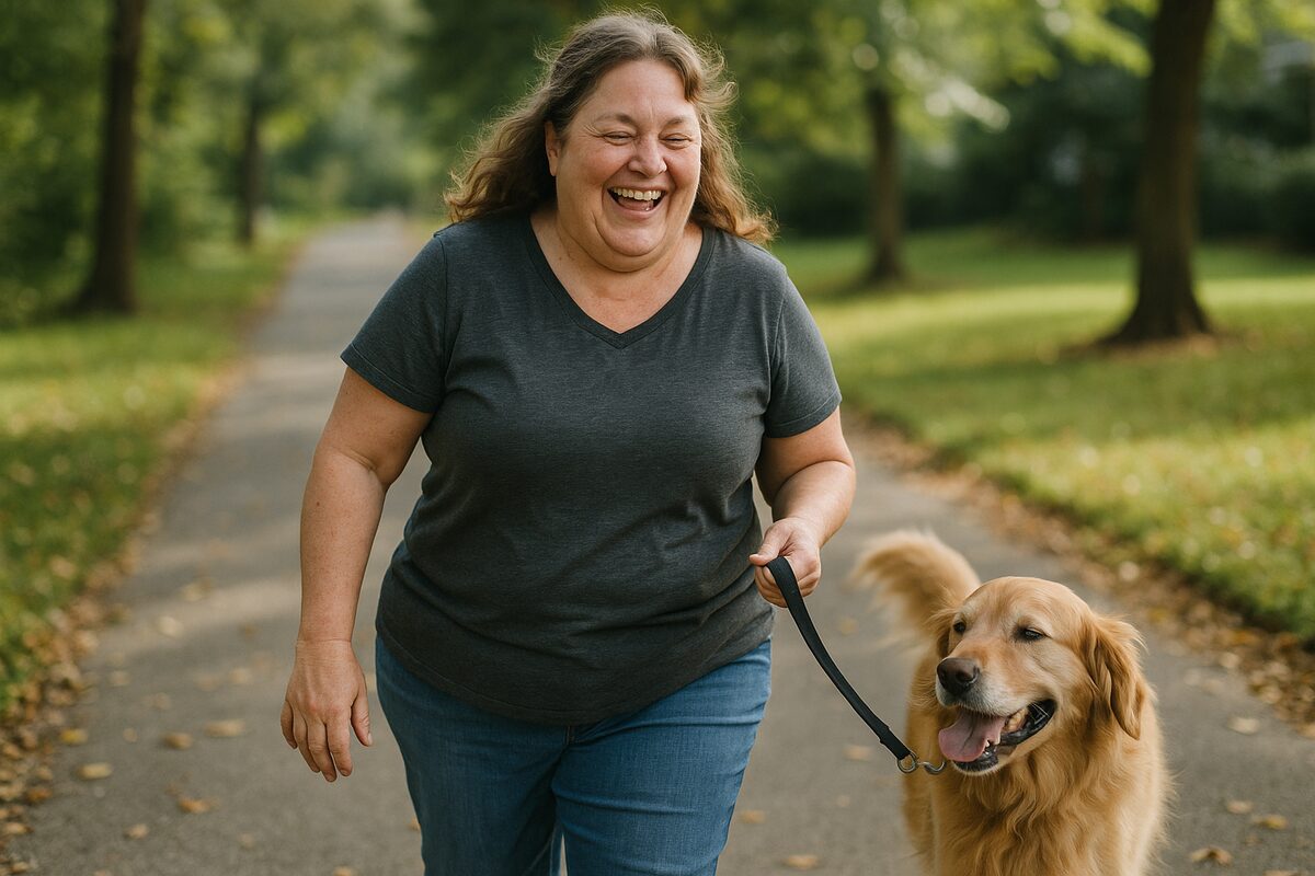A woman laughing while walking her golden retriever on a tree-lined path