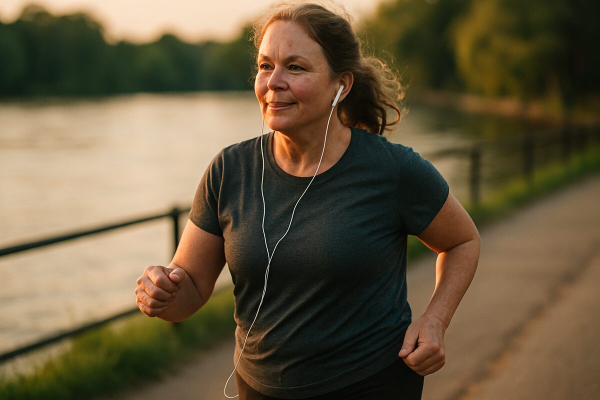 A woman power-walking along a riverside path at golden hour