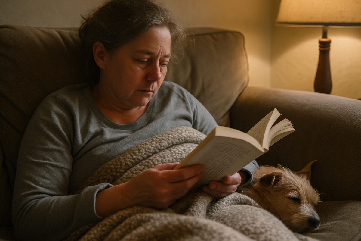 A woman reading on a couch under a blanket with a small dog asleep beside her